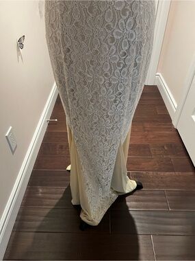 Cachet Lace Maxi Dress in Light Gray and Cream